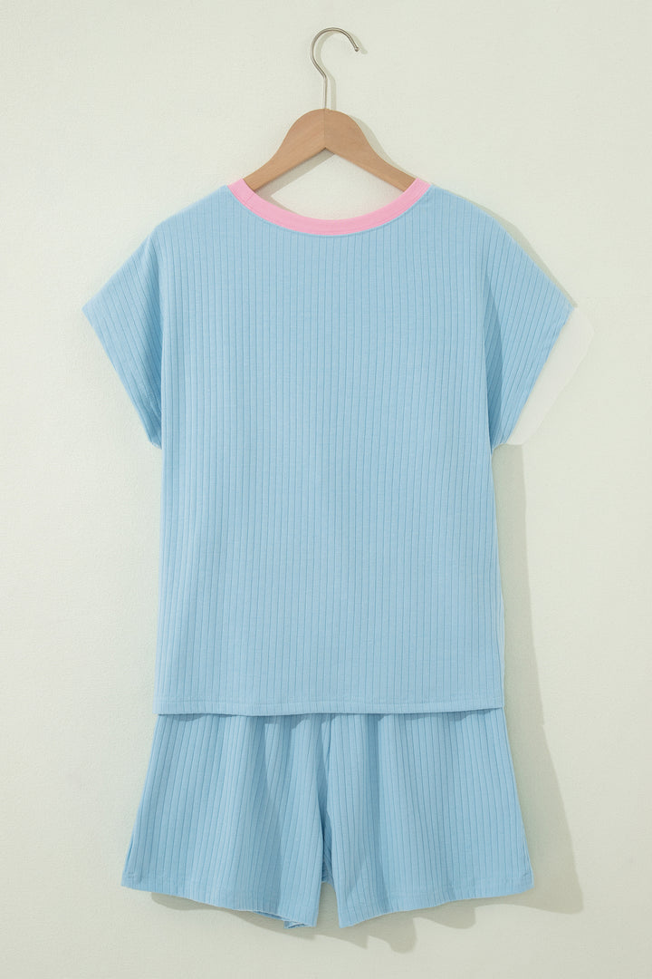 Mist Blue Soft Ribbed Color Block Trim Casual Short Set