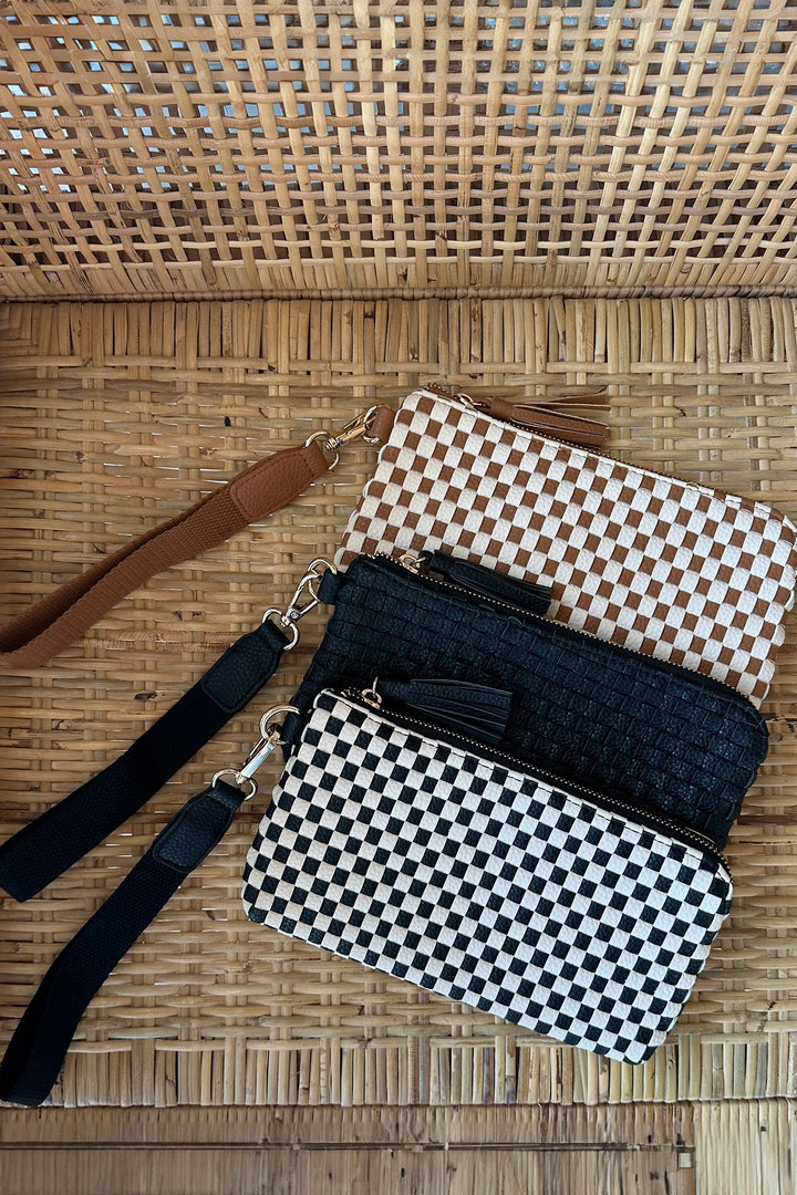 Color black Checkered  Woven Clutch Wristlet PU Leather Large Size Patterned Wallet