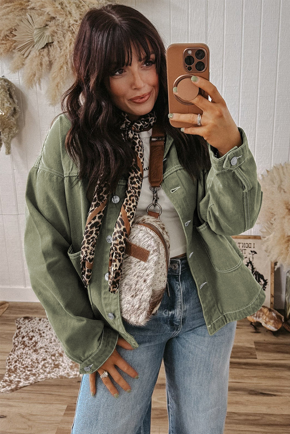 Patched Pocket Collared Button Front Boyfriend Denim Jacket