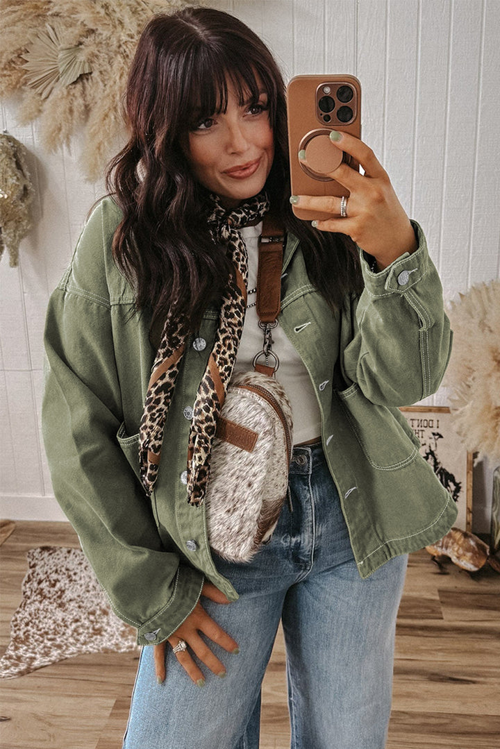 Patched Pocket Collared Button Front Boyfriend Denim Jacket