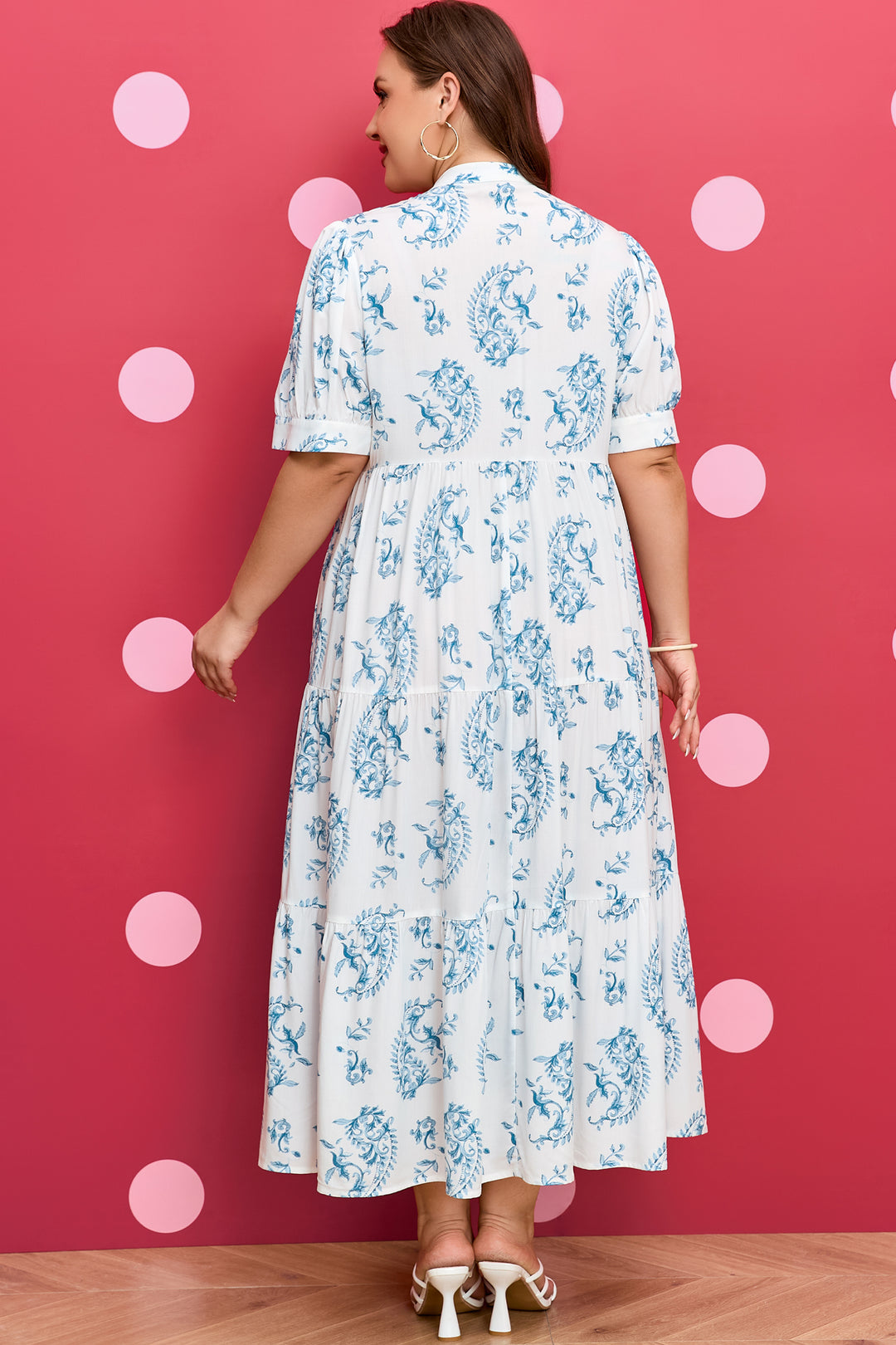 Sky Blue Plus Size Geometric Floral Print Short Sleeve Maxi Dress