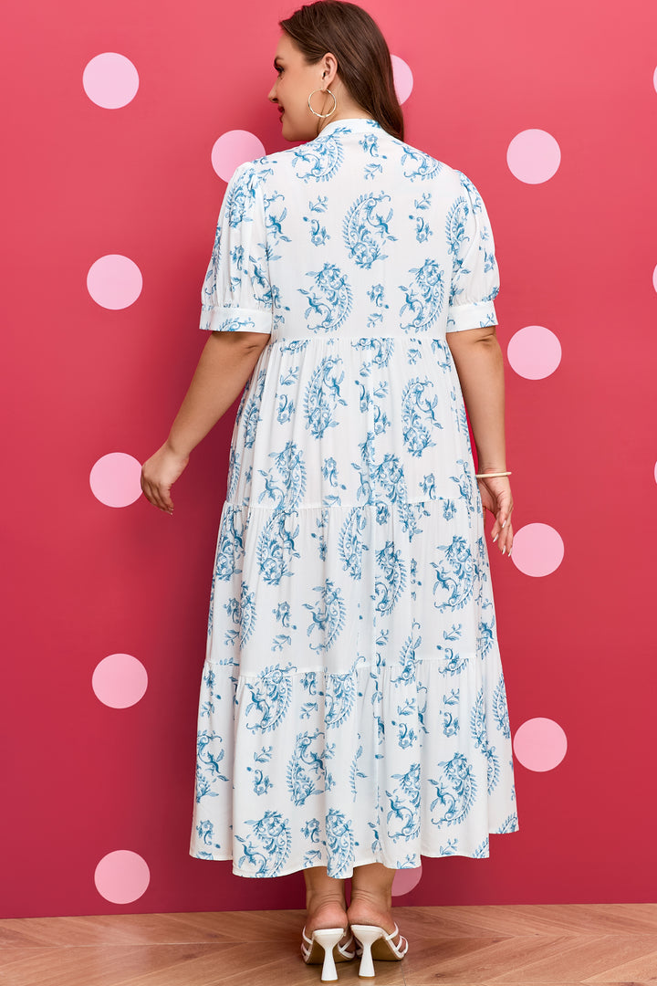 Sky Blue Plus Size Geometric Floral Print Short Sleeve Maxi Dress