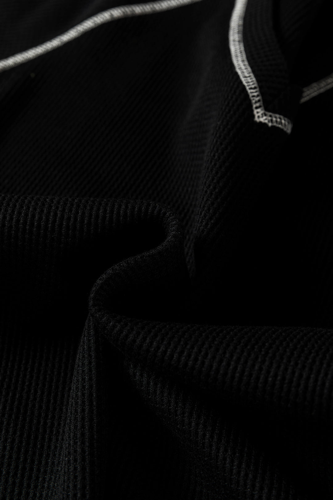 Black Waffle Textured Contrast Trim V Neck Tee