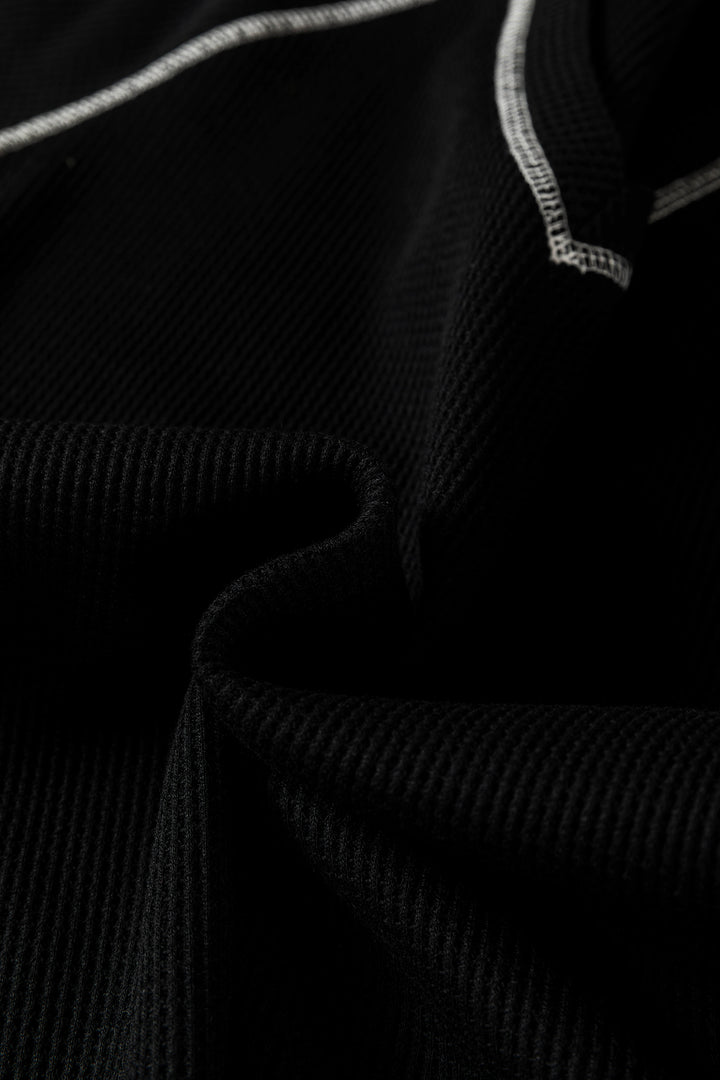 Black Waffle Textured Contrast Trim V Neck Tee