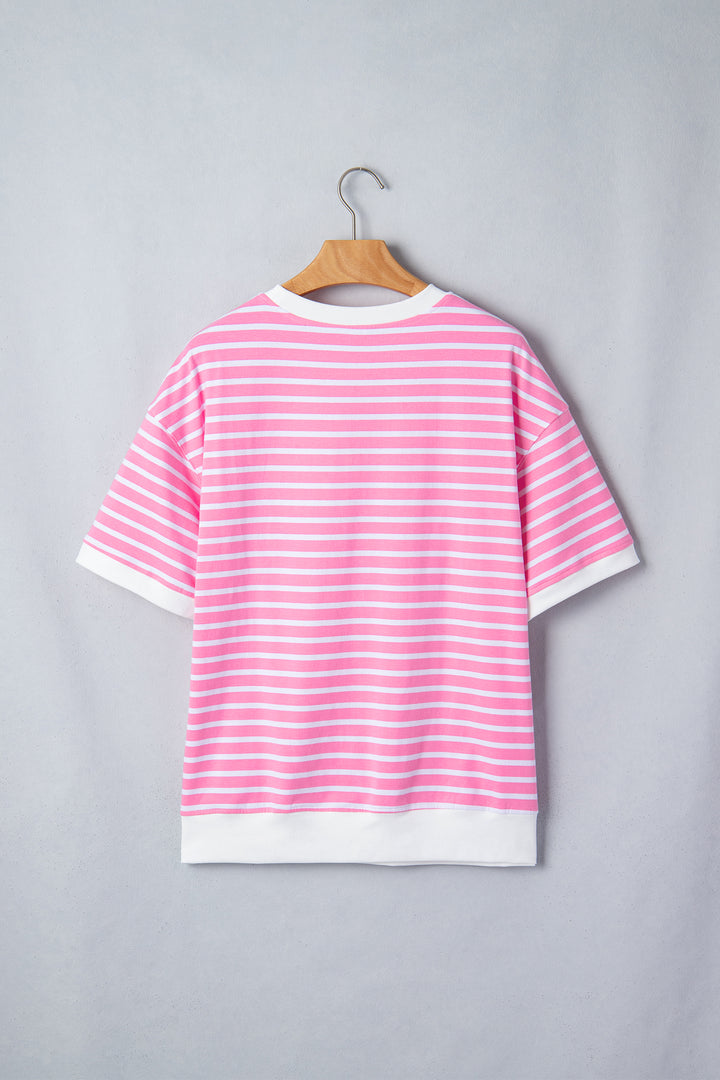 Pink Stripe Round Neck Short Sleeve Loose Top