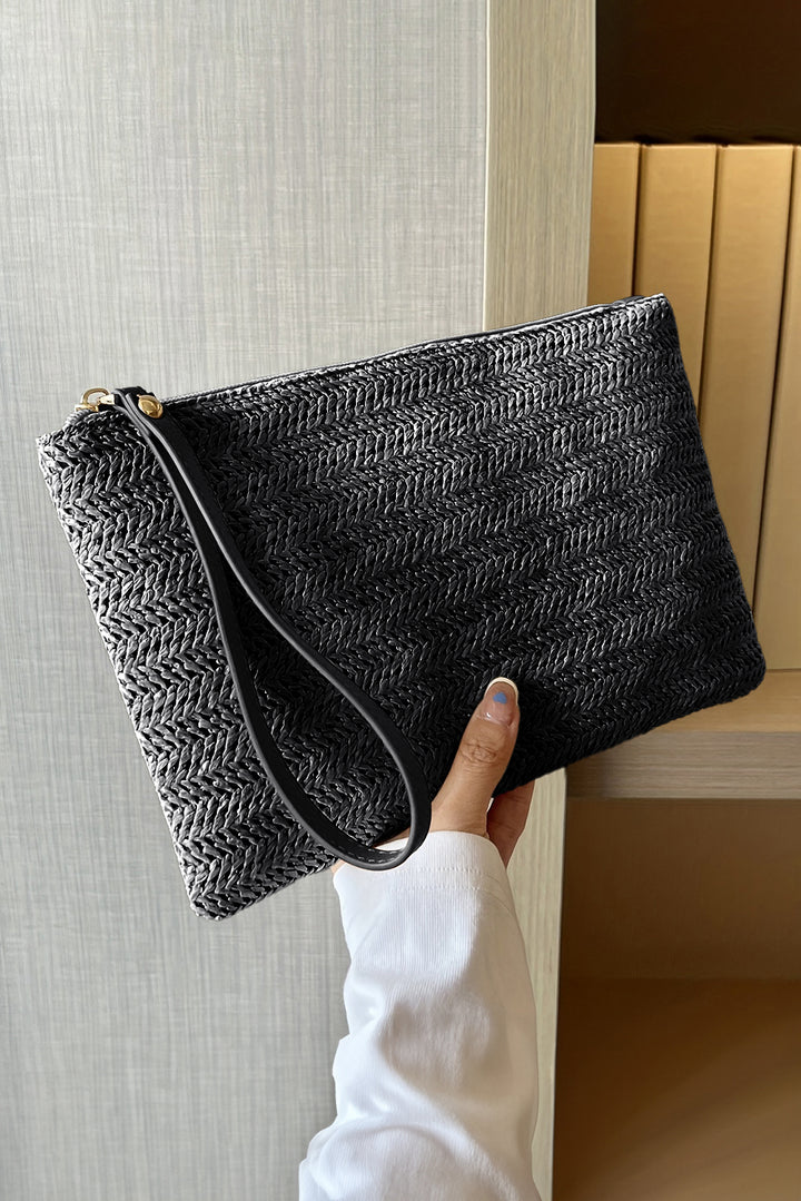 Straw Woven Wrist Strap Zipper Large Wallet