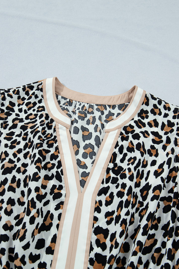 White Leopard Print Colorblock Trim Sleeveless Midi Dress
