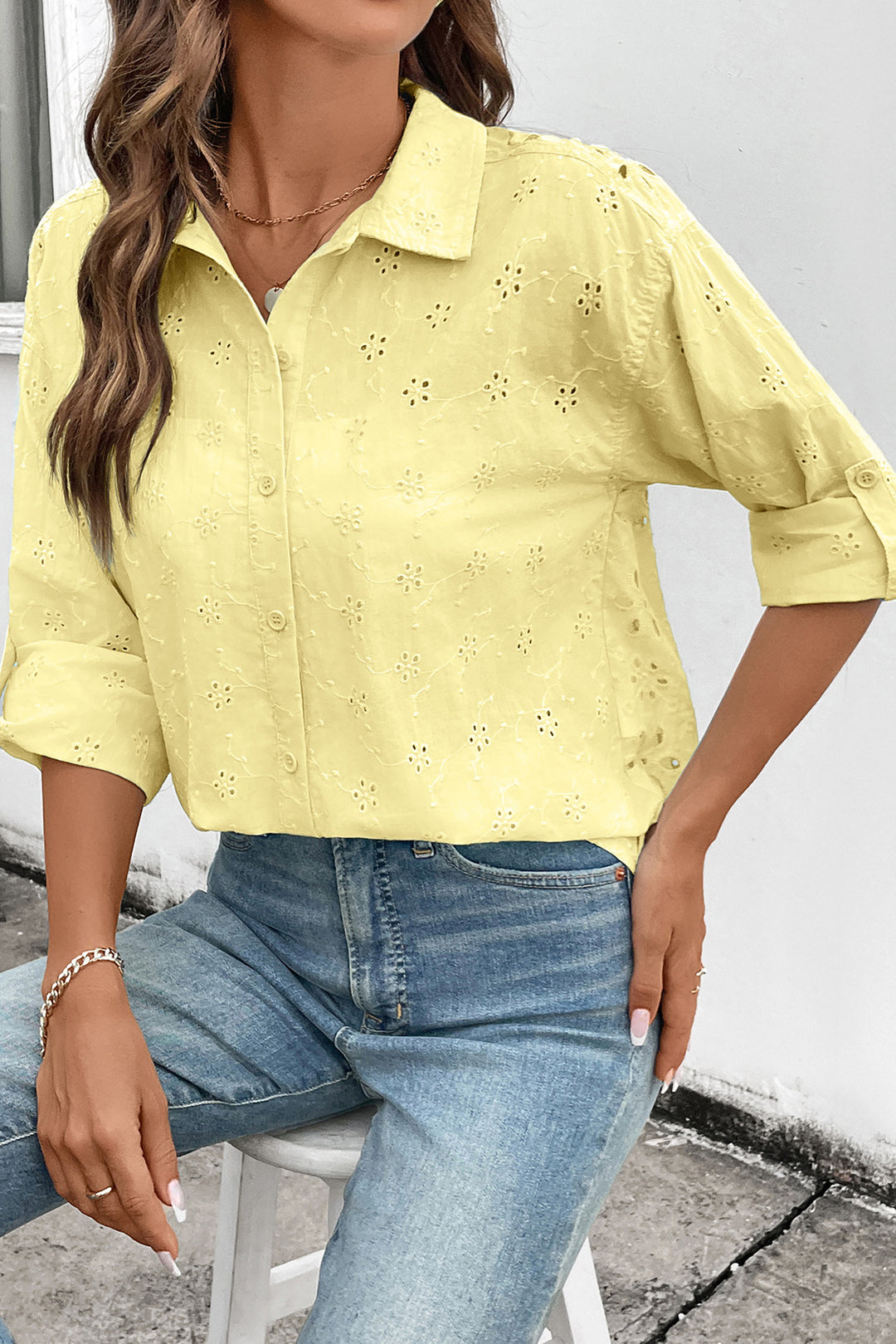 Yellow Cream Solid Eyelet Flower Pattern Button Down Loose Shirt