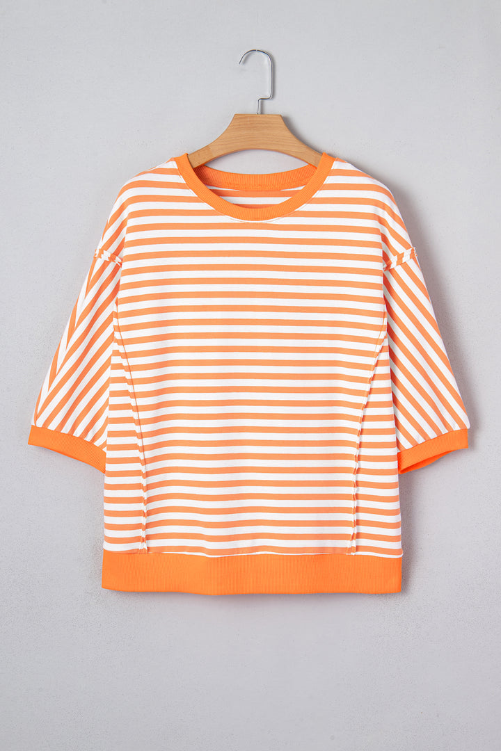 3/4 Sleeve Exposed Seam Patchwork Pullover Top