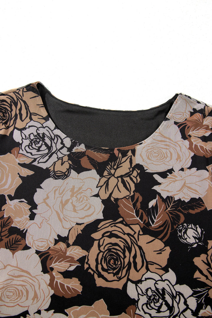 Chic Black Floral Long Sleeve Asymmetric Ruffle Split Hem Mesh Dress