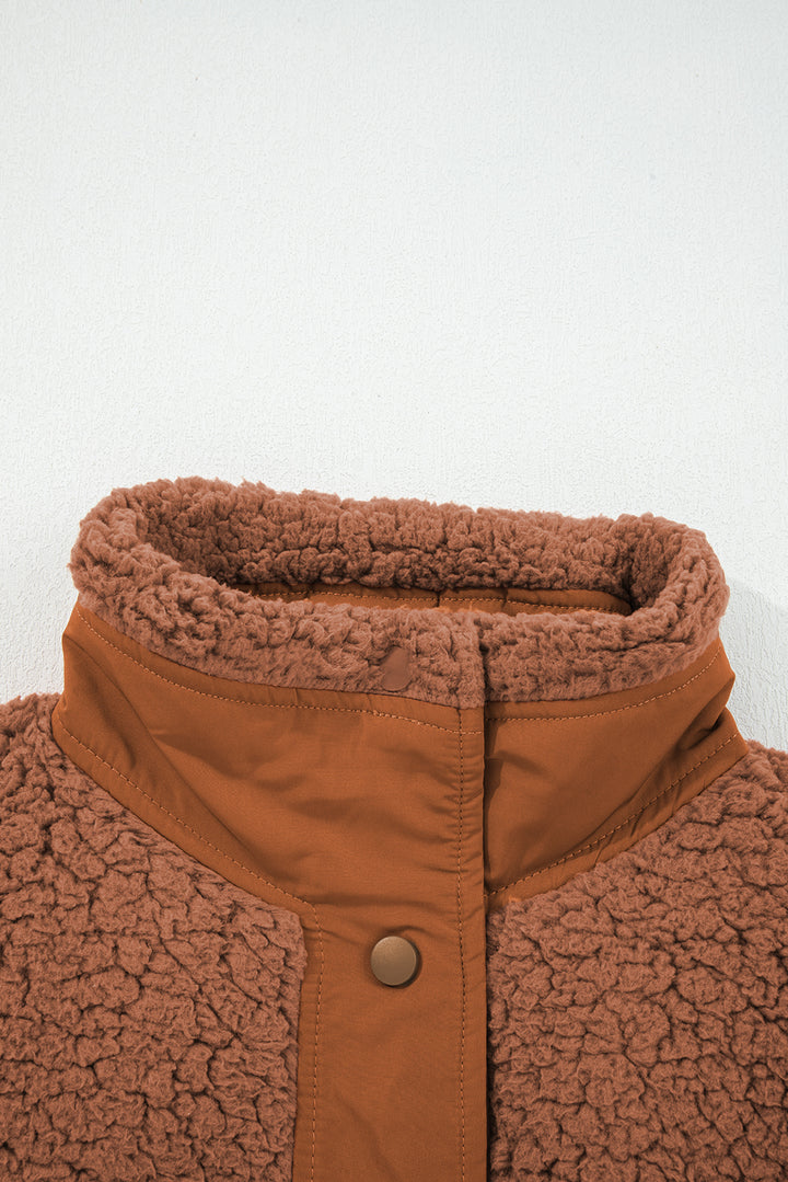 Cinnamon Faux Fur Snap Button Front Knot Side Plush Vest with Pockets