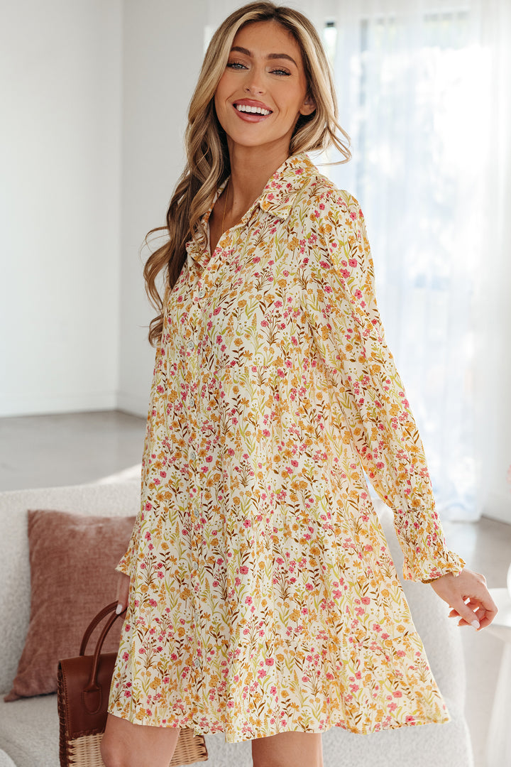 Floral Print Frilly Trim Smocked Cuff Long Sleeve Loose Shirt Dress