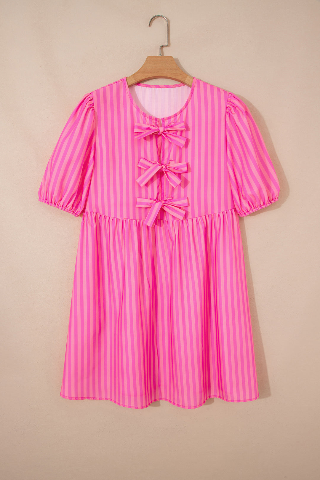 Striped Print Bow Detail Short Puff Sleeve Mini Dress