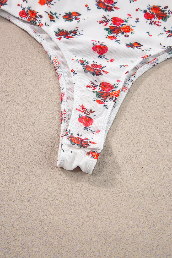 Floral V Cut Frilled Trim Spaghetti Straps Bodysuit