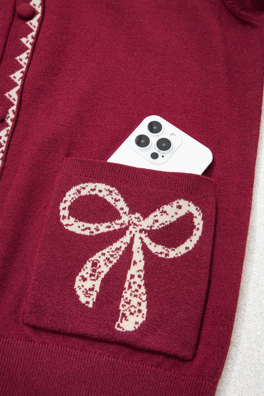 Burgundy Bow Pocket Collar Long Sleeve Knit Cardigan