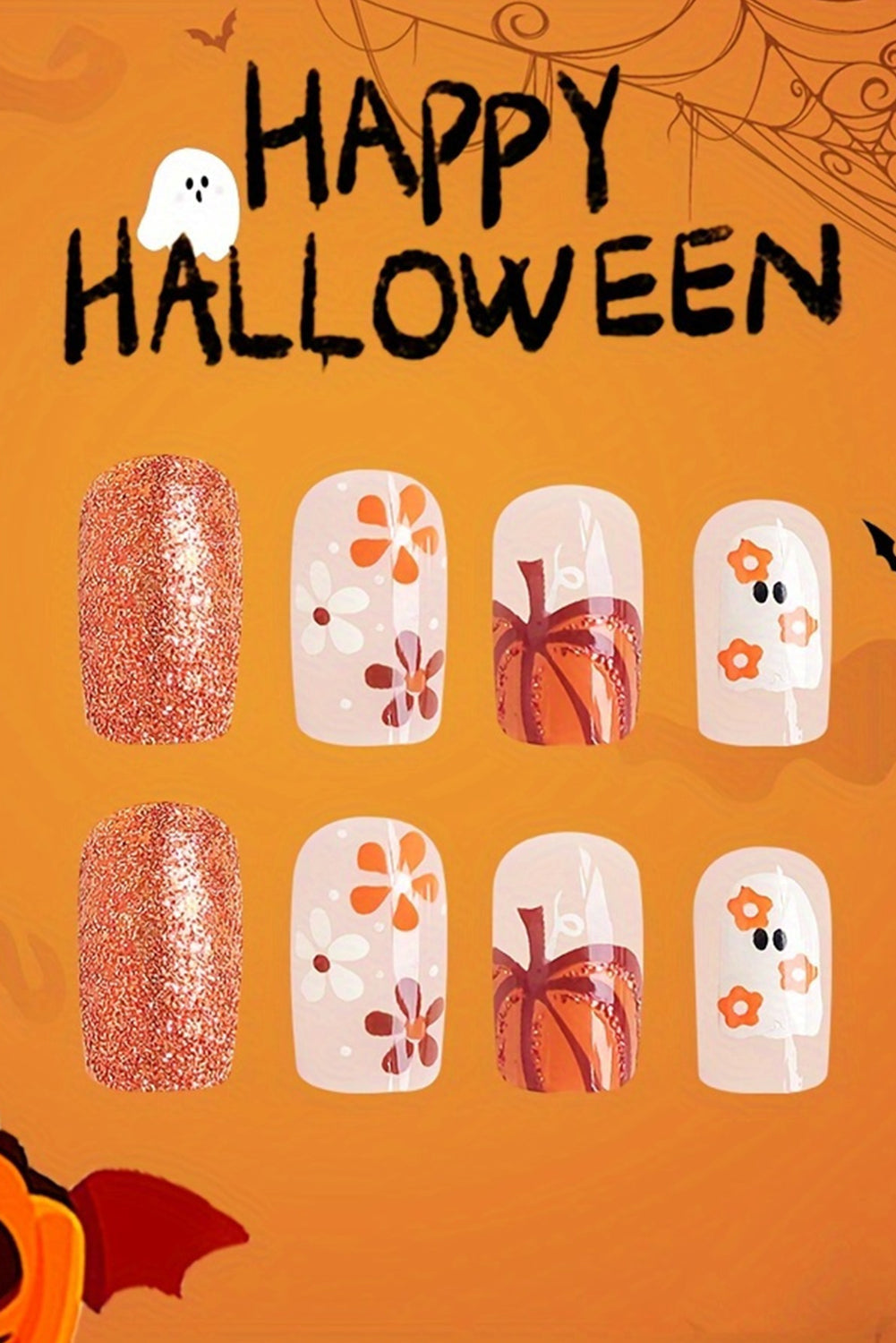 Faux ongles carrés pailletés motif fleur fantôme d'Halloween
