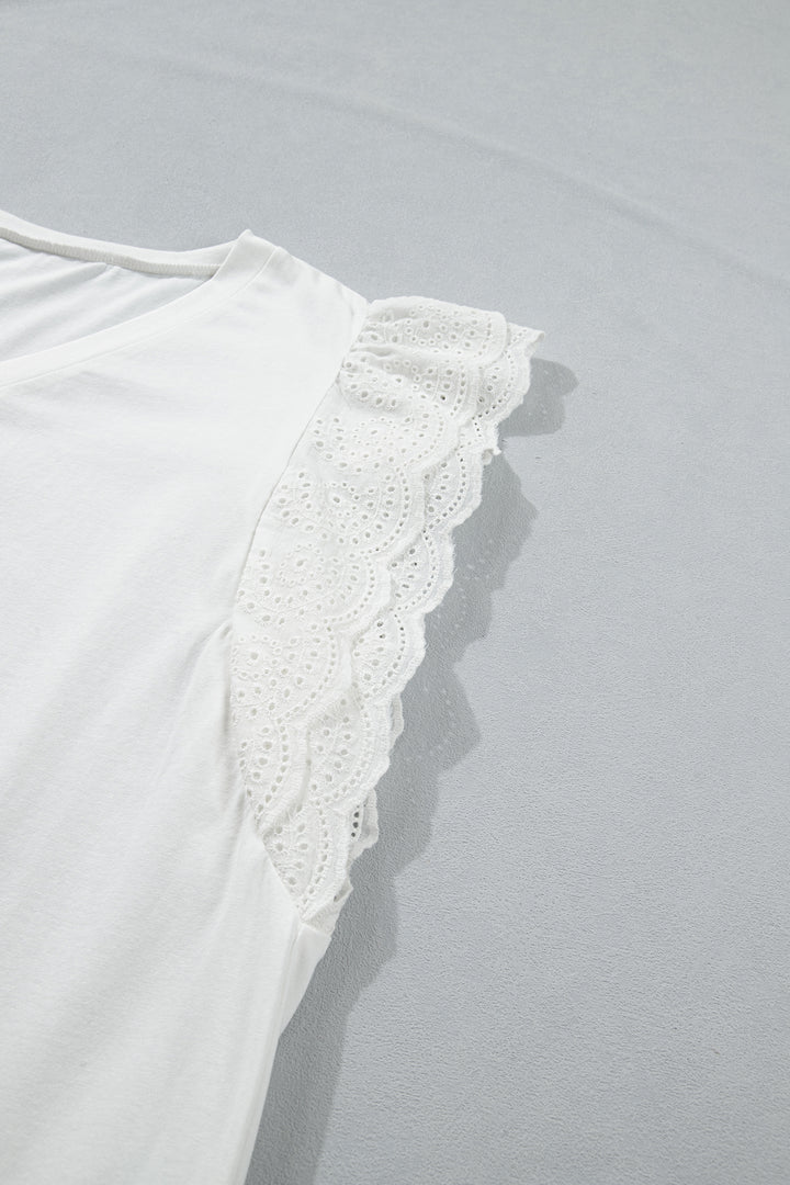 White Eyelet Crochet Splicing Short Sleeve Plus Size Tee