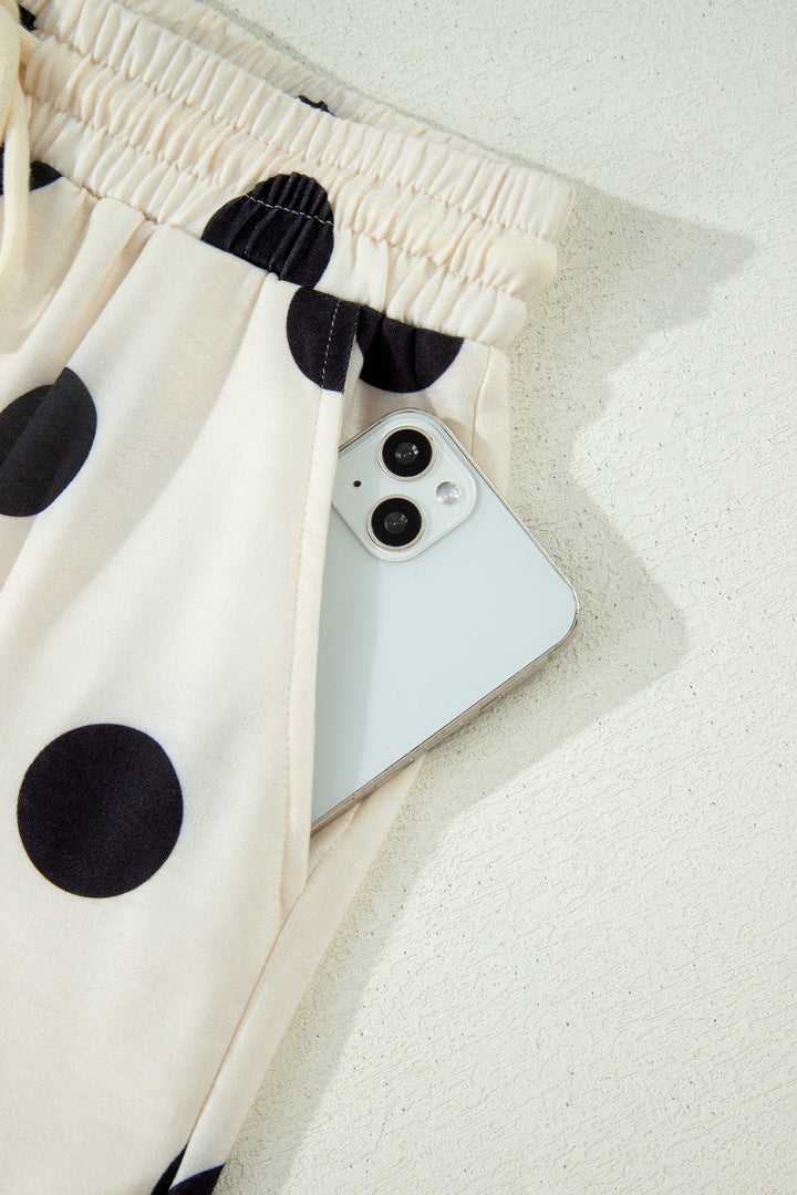 Beige Polka Dot Print V Neck Tee Short Set