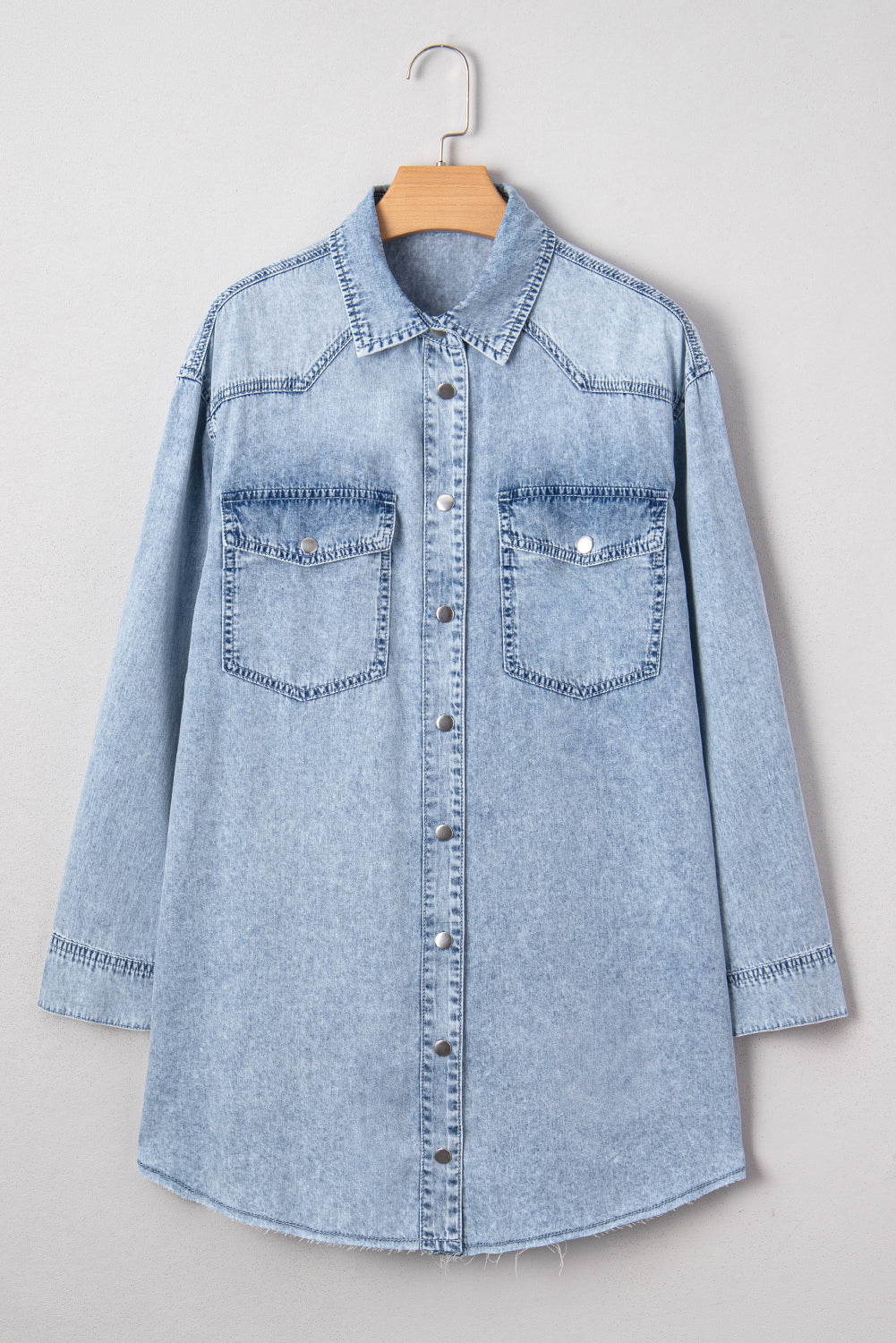 Chest Pocket Raw Hem Denim Loose Shirt Dress