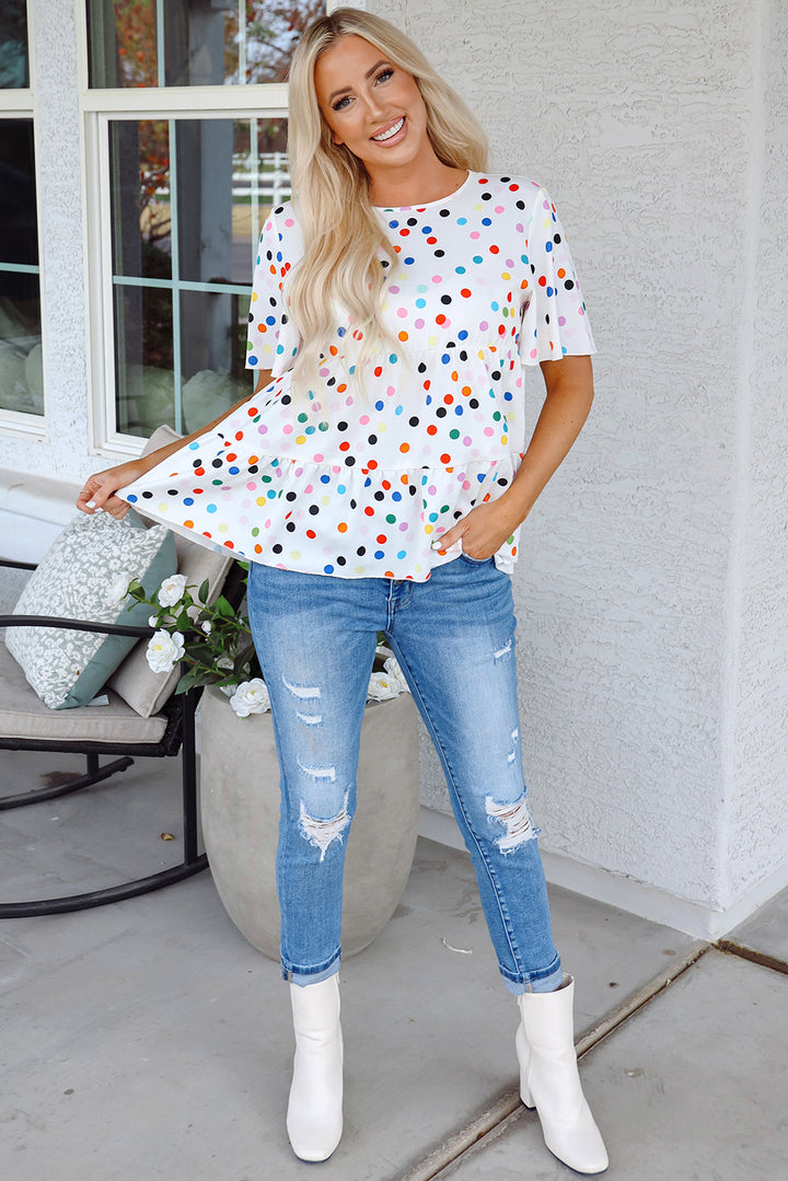 Colorful Polka Dot Short Sleeve Tiered Ruffled Babydoll Blouse