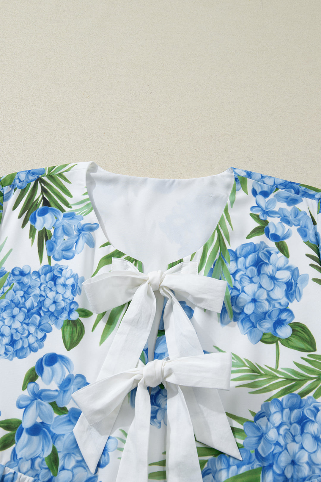 Sky Blue Palm Floral Print Contrast Ribbon Knot Ruffle Tiered Sleeve Mini Dress