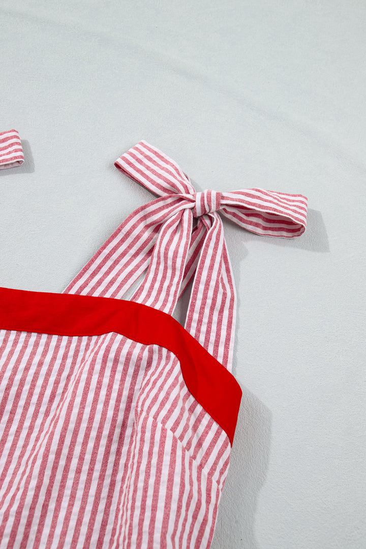 Red Stripe Bow Knot Straps Contrast Trim High Waist Ruffle Hem Maxi Dress