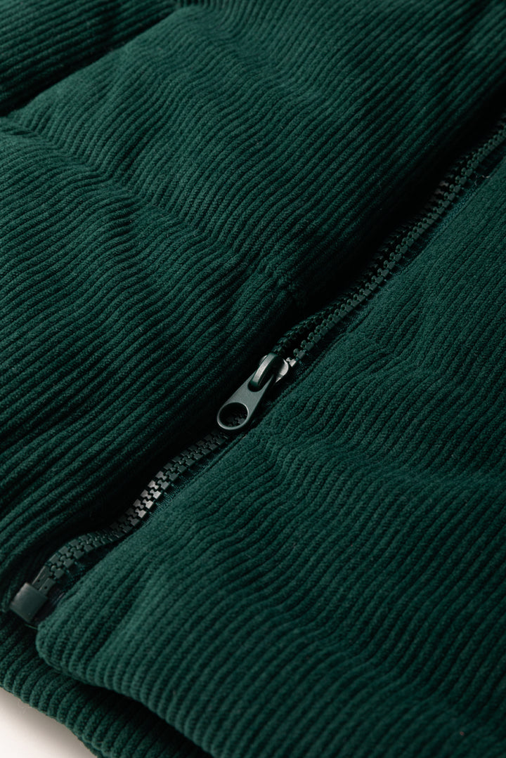 Jungle Green Corduroy Stand Neck Zipped Puffer Vest