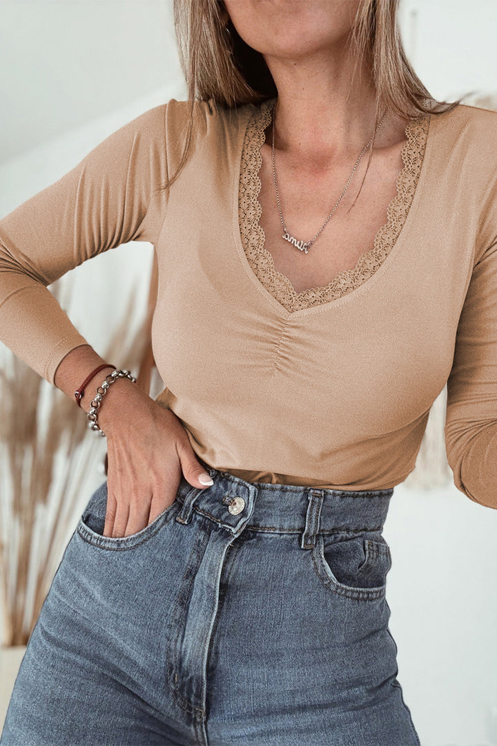 Lace-trimmed Sweetheart Neckline Ruched Detail Long Sleeve T-shirt