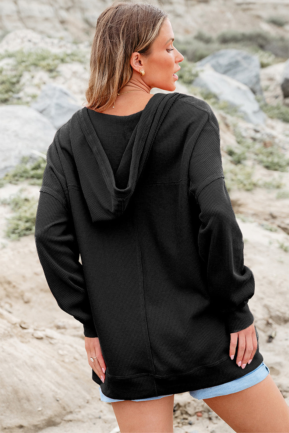 Oversize Waffle Drop Shoulder Exposed Seam V Neck Hoodie with Pockets