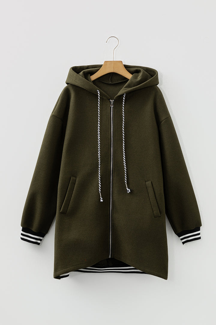 Four Leaf Clover Contrast Cuffed Drop Shoulder Zip up Tunic Hoodie