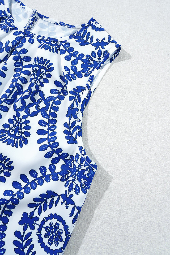 Vintage Print Pintuck Crew Neck Tank Top