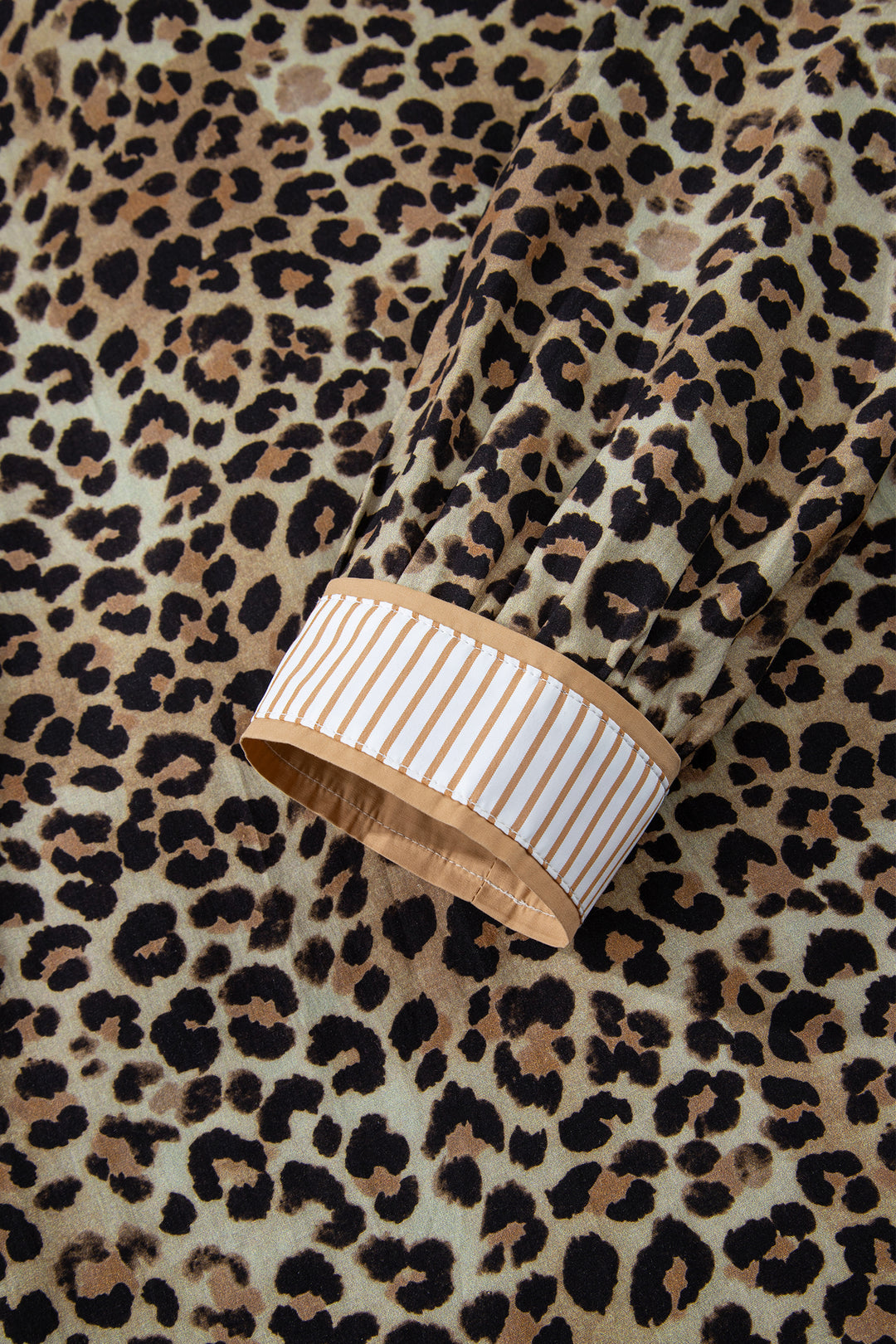 Contrast Striped Trim V Neck Leopard Shirt