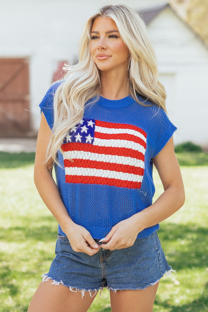 Sky Blue Flag Graphic Short Sleeve Sweater Top