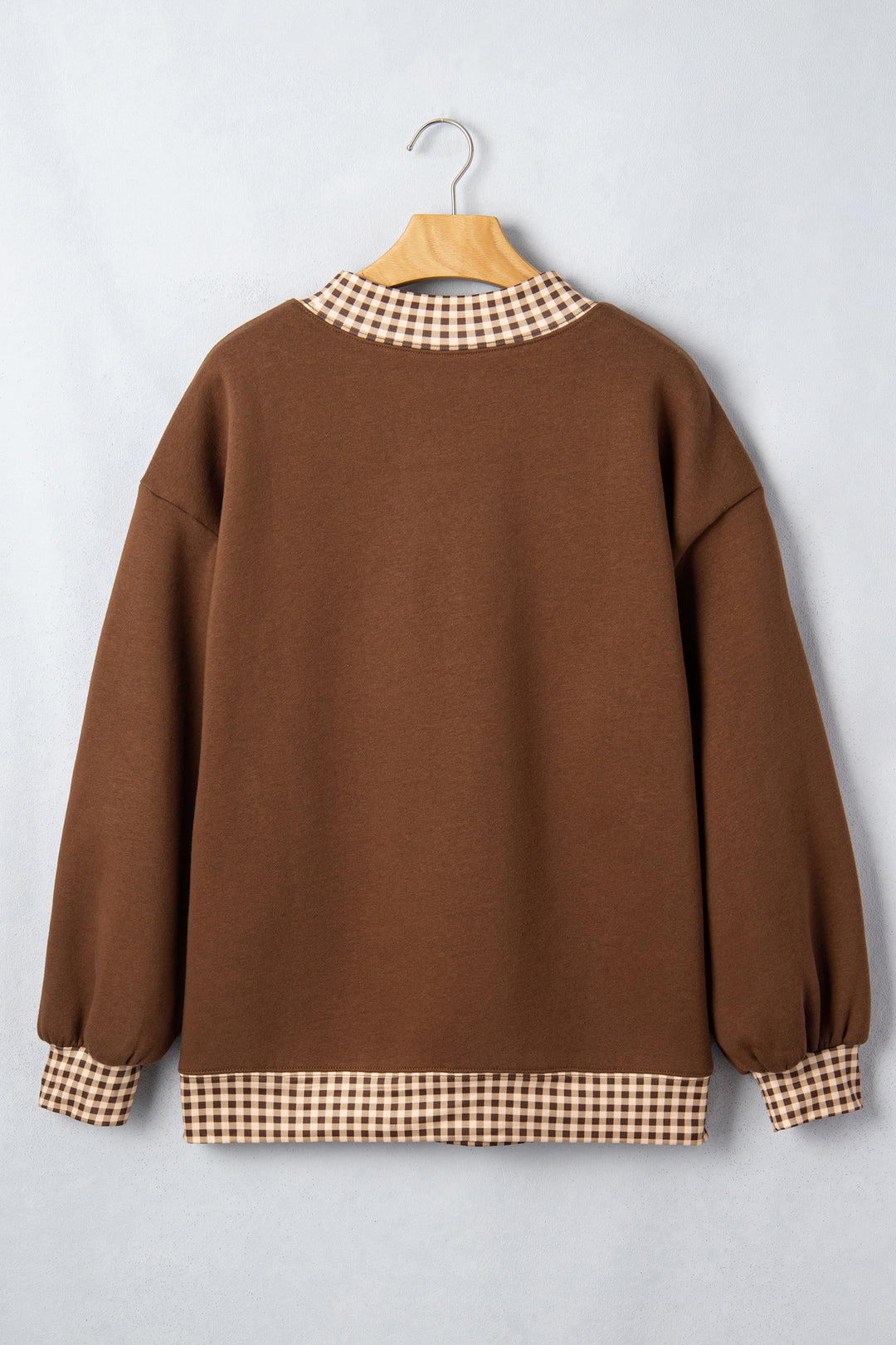 Chicory Coffee Plaid Trim High Neck WEST Letter Graphic Baggy Sweatshirt