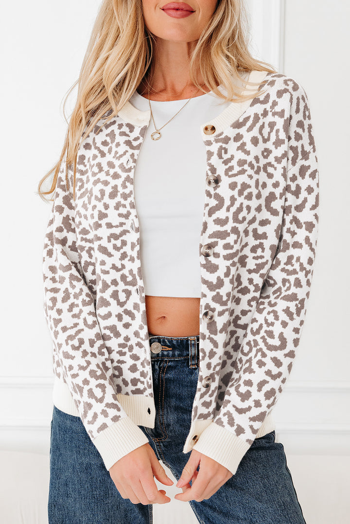 Leopard Drop Shoulder Chunky Knitted Cardigan Sweater