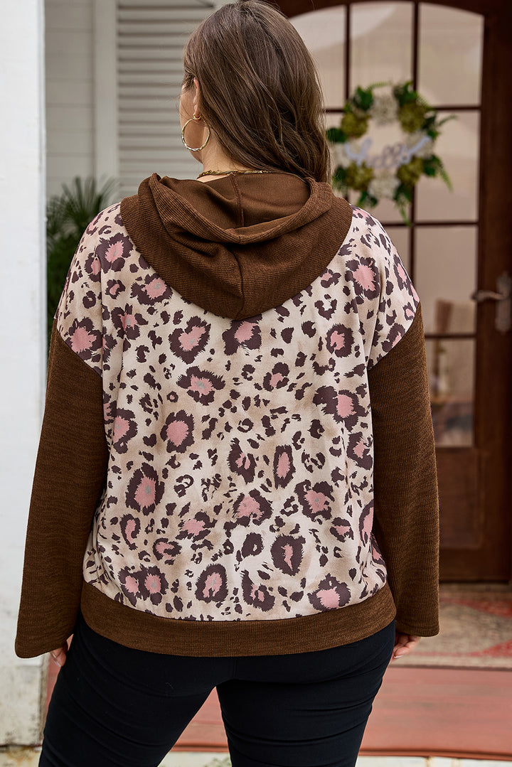 Brown Leopard Print Knit Patchwork Plus Hoodie