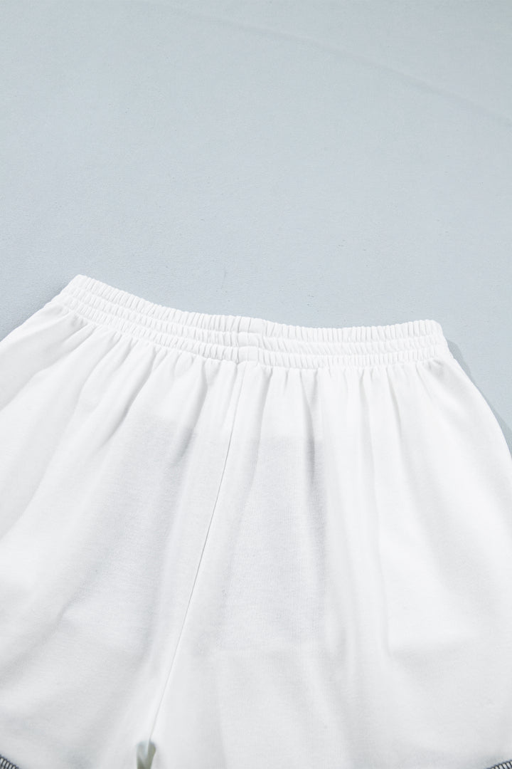 Prussian Blue Exposed Seam Detail Half Sleeve Top Elastic Waist Shorts 2pcs Set