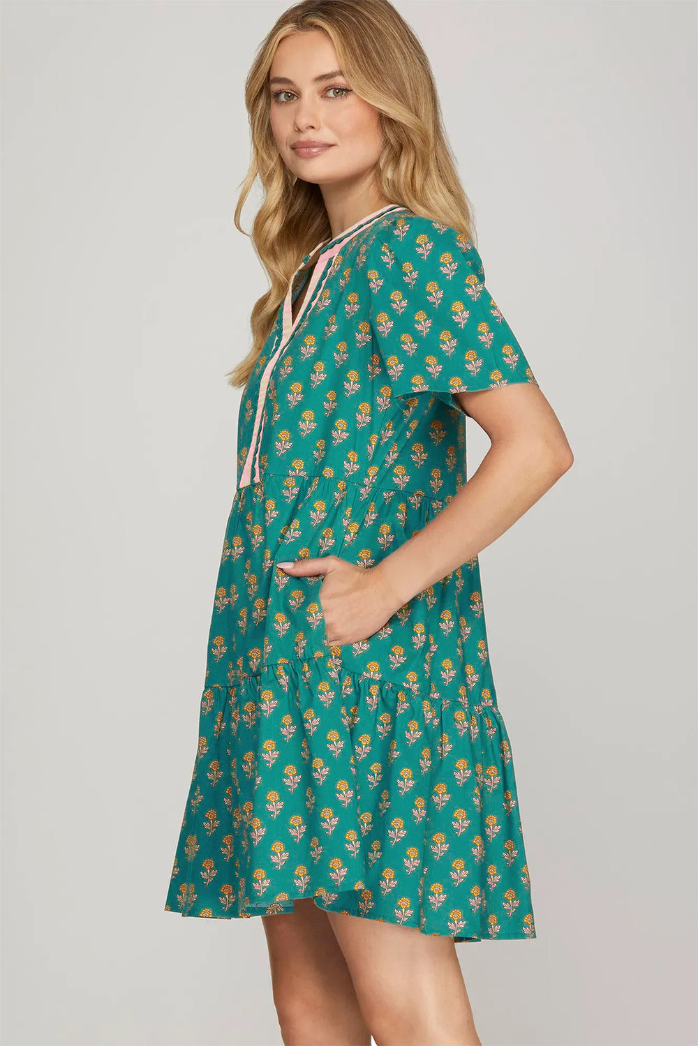 Contrast Trim V Neck Short Sleeve Floral Dress