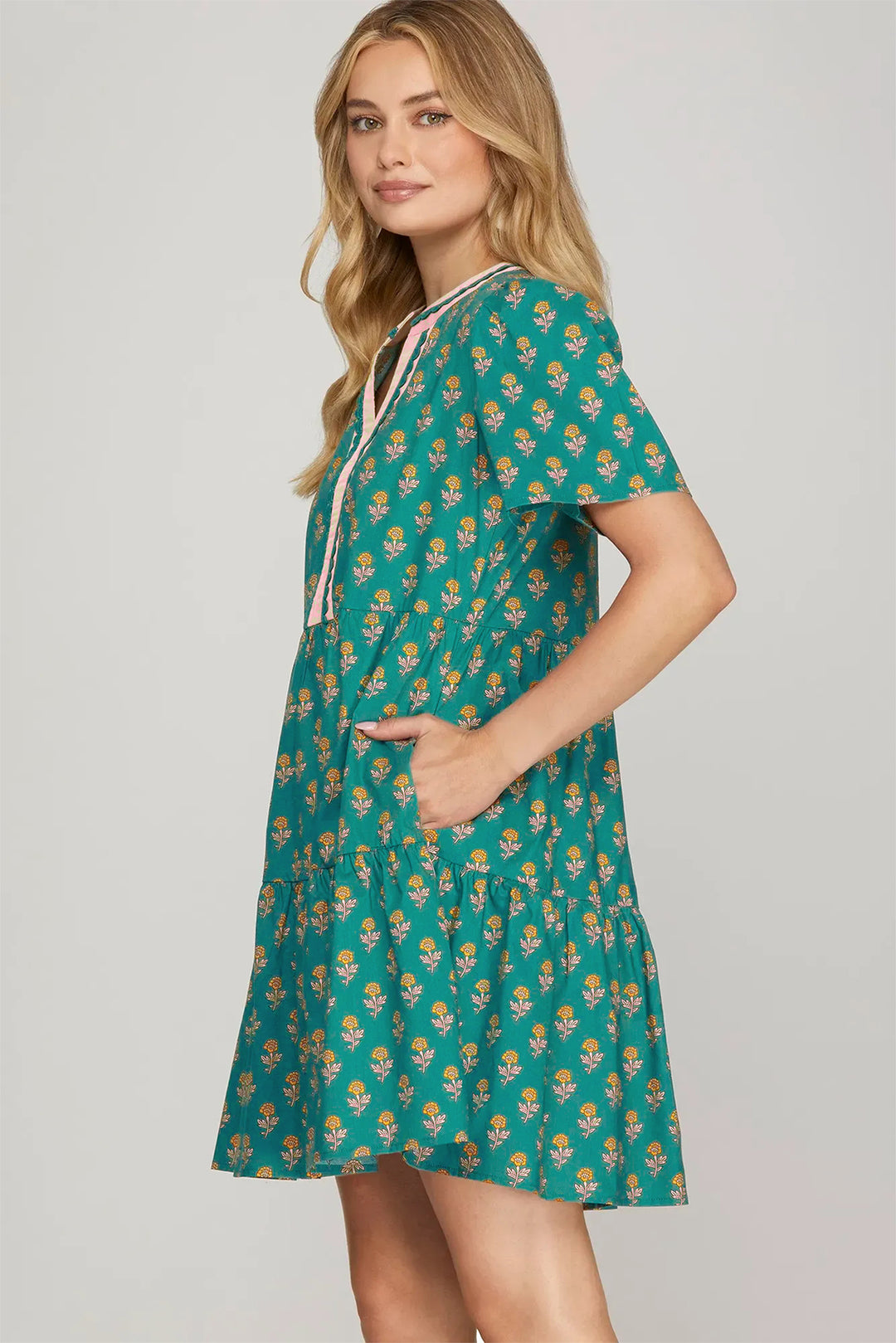 Contrast Trim V Neck Short Sleeve Floral Dress