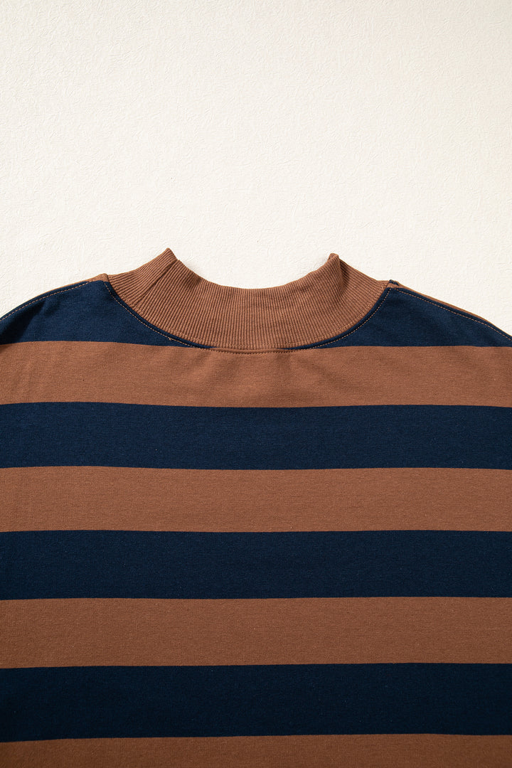 Brown Stripe Colorblock Mock Neck Relaxed Sweatshirt