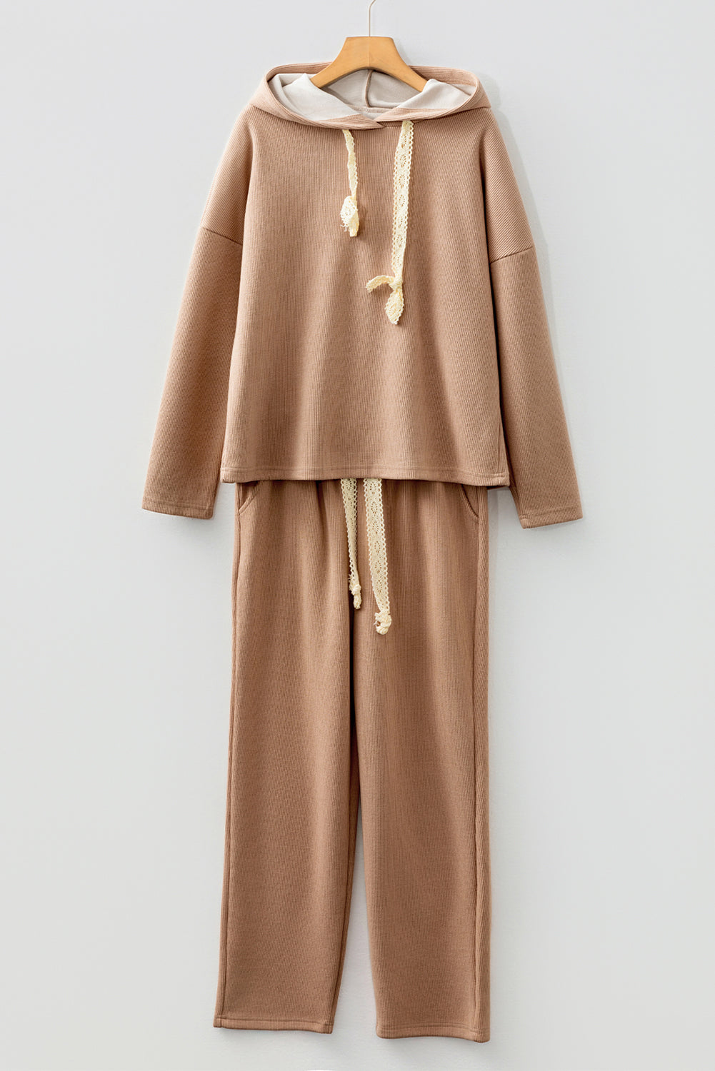 Casual Lace Drawstring Pullover Hoodie and High Waist Pants Corduroy Suit