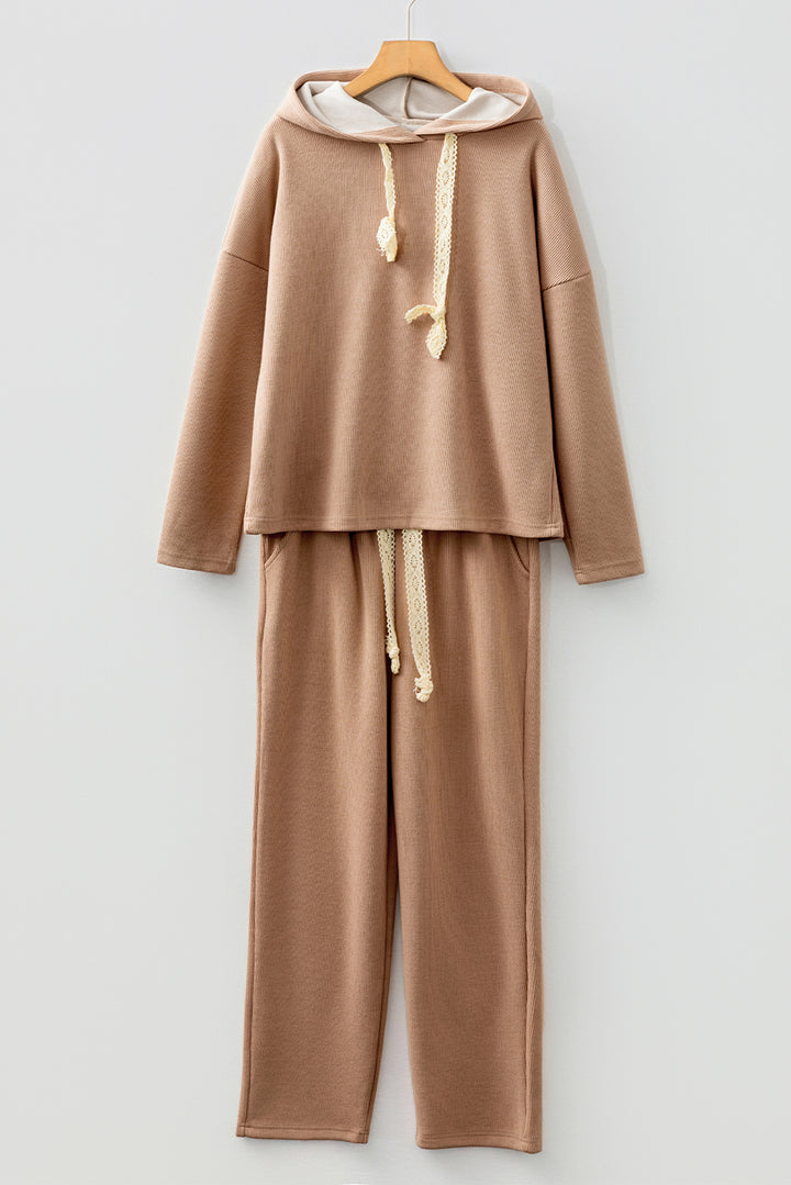 Casual Lace Drawstring Pullover Hoodie and High Waist Pants Corduroy Suit