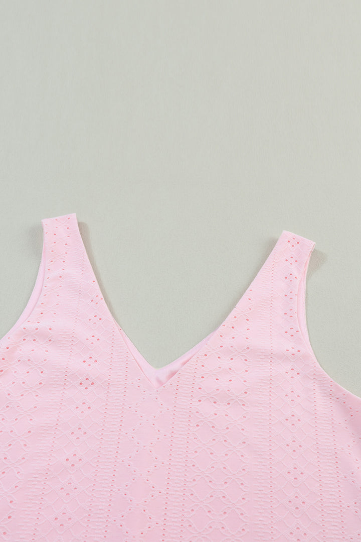 Light Pink Eyelet Knit Patterned Loose V Neck Tank Top