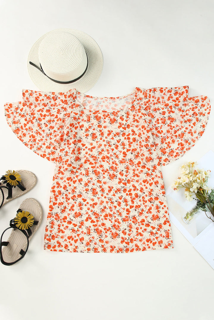 Orange Floral Tiered Flutter Sleeve Blouse