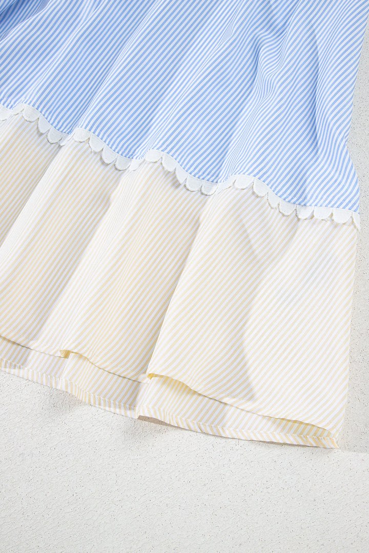 striped patchwork ric rac puff sleeve collared mini dress