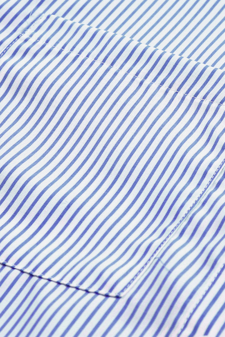 Blue Stripe Smocked Cuffed Striped Boyfriend Shirt with Pocket