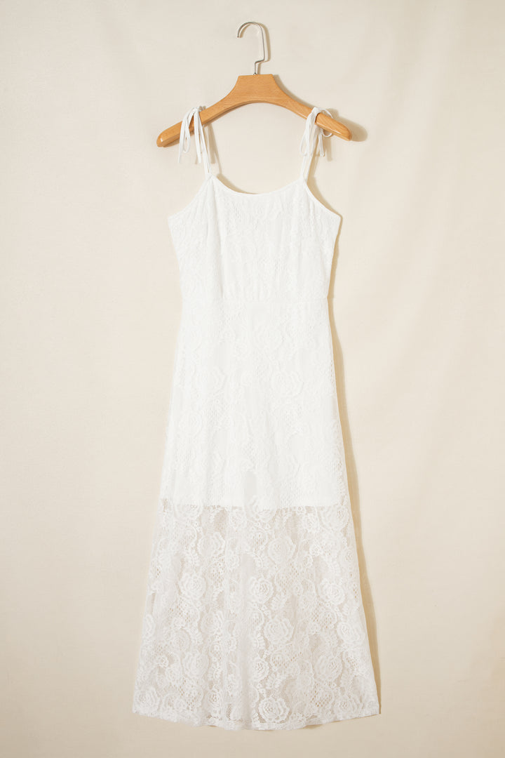 Tie Spaghetti Straps Floral Lace Overlay Long Dress