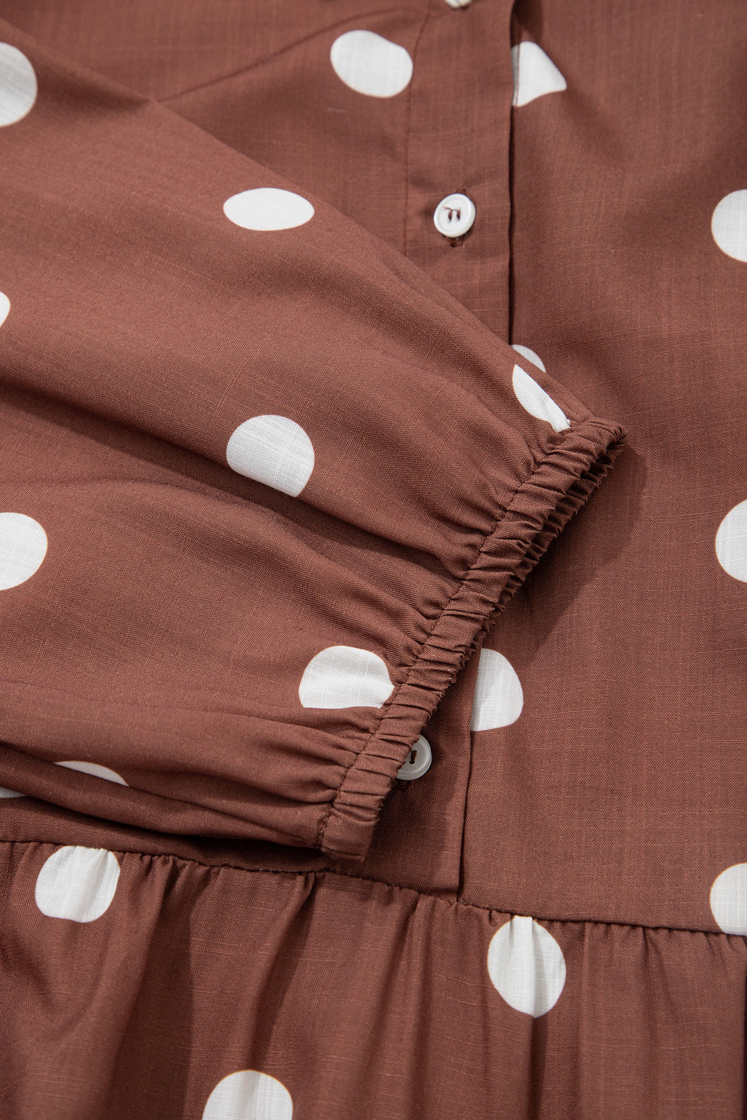 Brown Polka Dot Abdomen Pocket Gathered Cuffs Long Sleeve Shift Plus Size Dress
