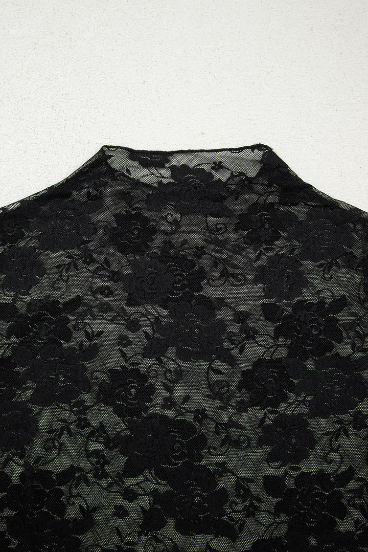 Black Sheer Floral Lace Mesh Mock Neck Long Sleeve Top