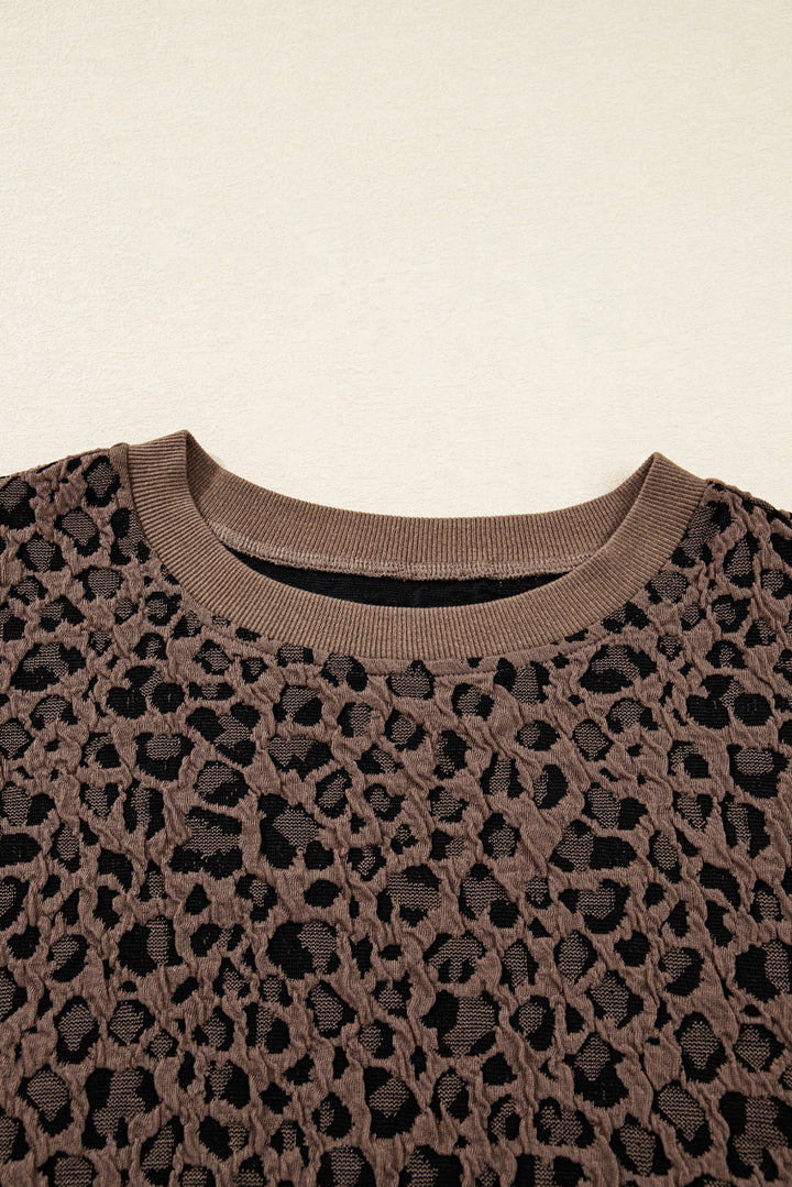Ribbed Trim Leopard Print Long Sleeve Top